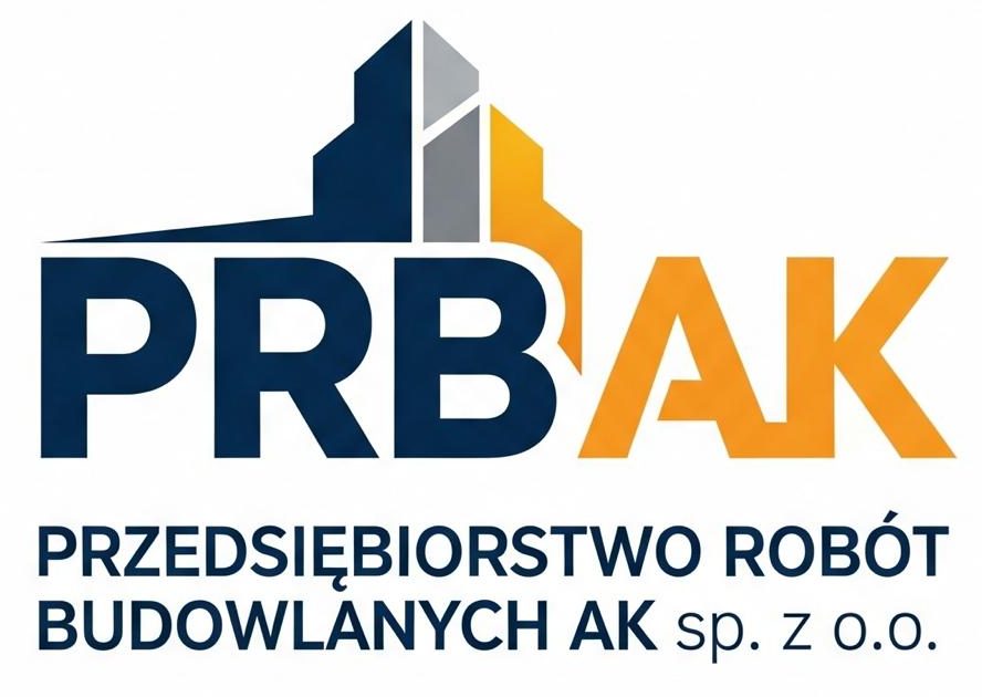 Logo firmy budowlanej "PRBAK" z pełną nazwą. Logo zawiera napis "PRB" w kolorze granatowym i "AK" w kolorze pomarańczowym, z symbolem nowoczesnych budynków powyżej w kolorach granatowym, szarym i pomarańczowym. Poniżej znajduje się pełna nazwa: "PRZEDSIĘBIORSTWO ROBÓT BUDOWLANYCH AK sp. z o.o." w kolorze granatowym.